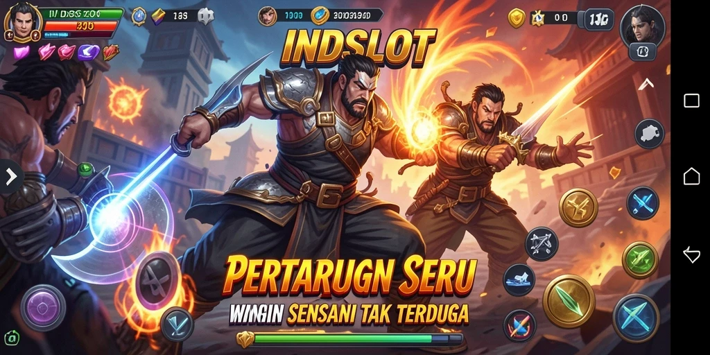 Screenshot utama INDSLOT menampilkan karakter bertarung dengan intens di arena.