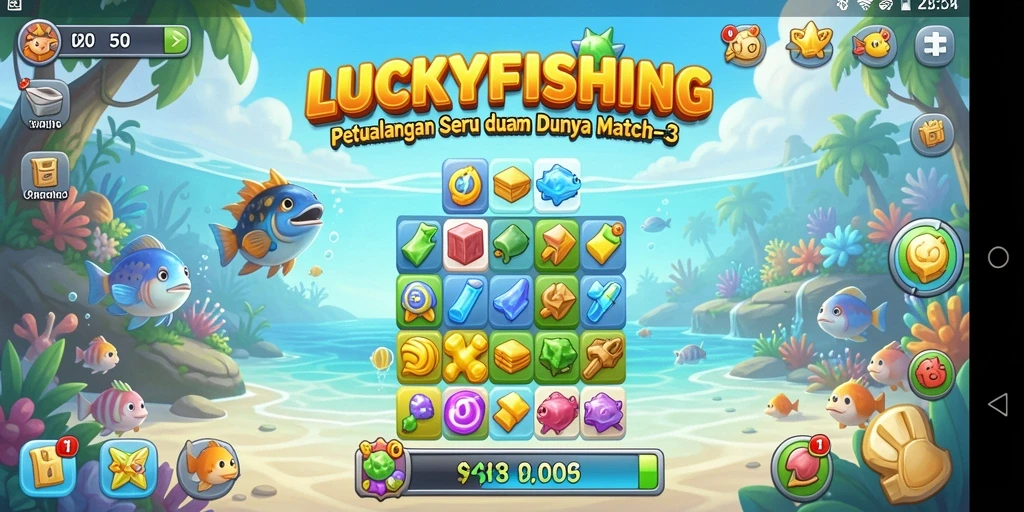Tangkapan layar game LUCKYFISHING menampilkan aksi Match-3 yang seru.